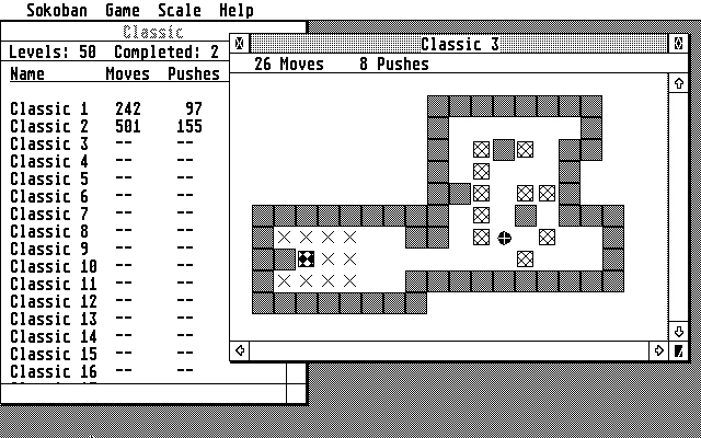 Screenshot of Sokoban running in high resolution on an Atari ST