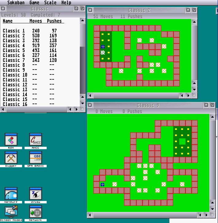 Screenshot of Sokoban running on a Firebee
