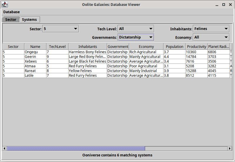 Table for galaxy sector 5 with some filters