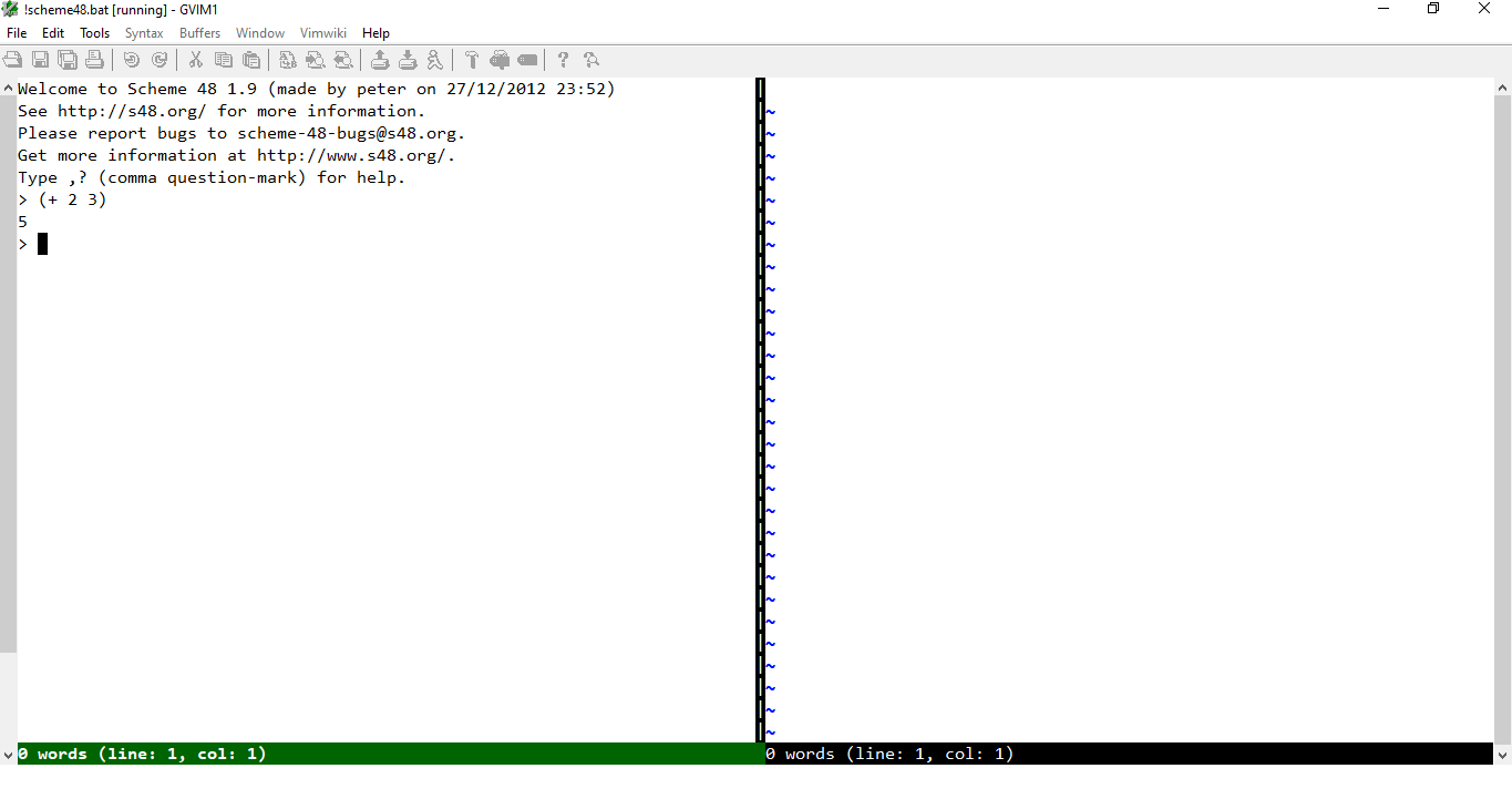 Split Vim window and terminal, showing evaluation of an expression in the terminal.