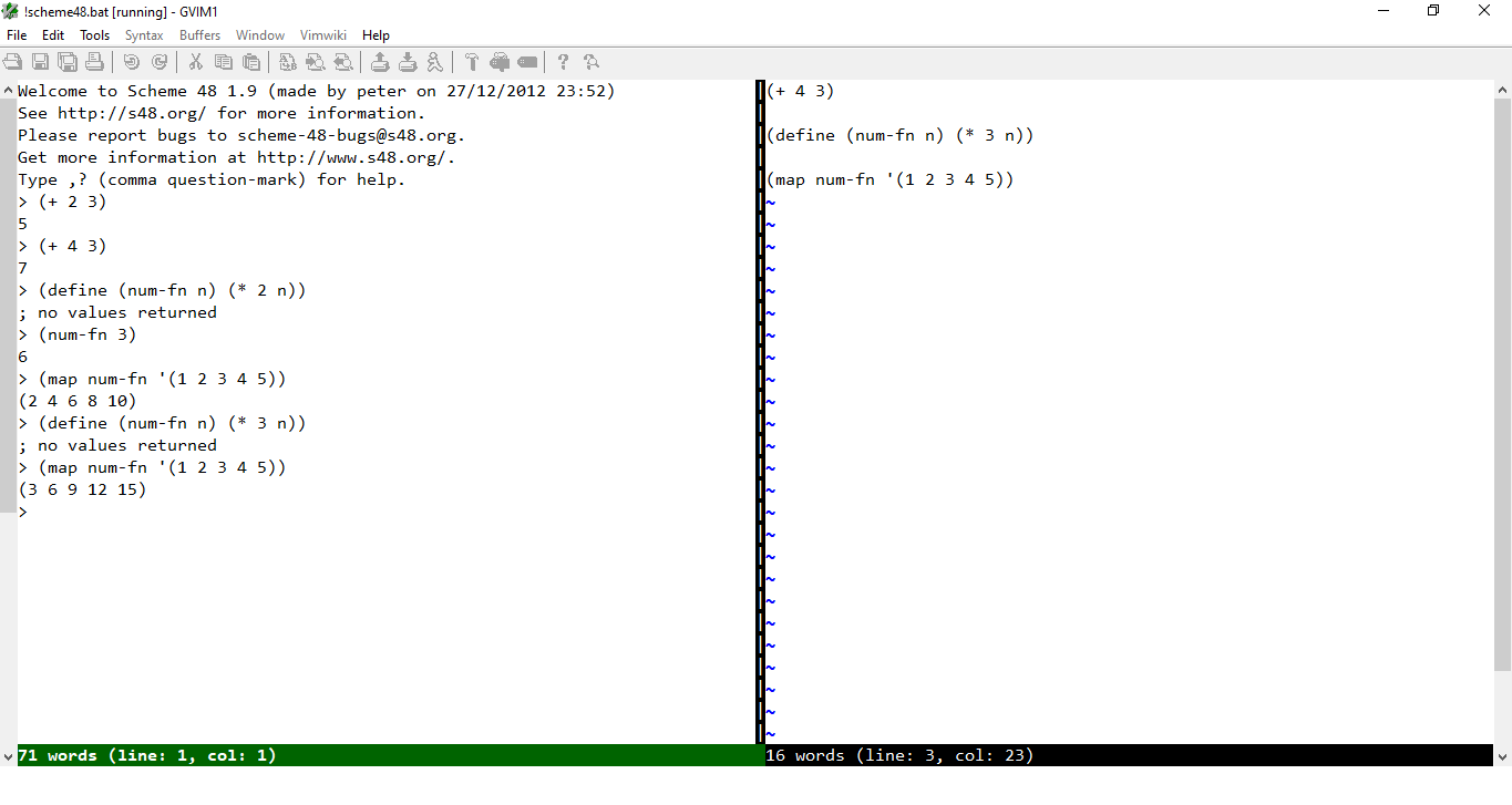 Split Vim window and terminal, showing expressions from the text window evaluated in the terminal.
